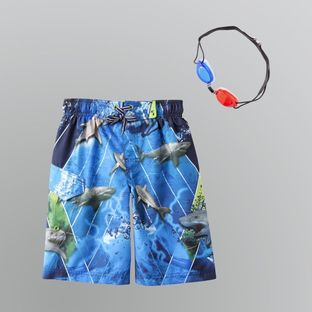 Zero Xposur Boy's Shark Swim Trunks with 3D Goggles