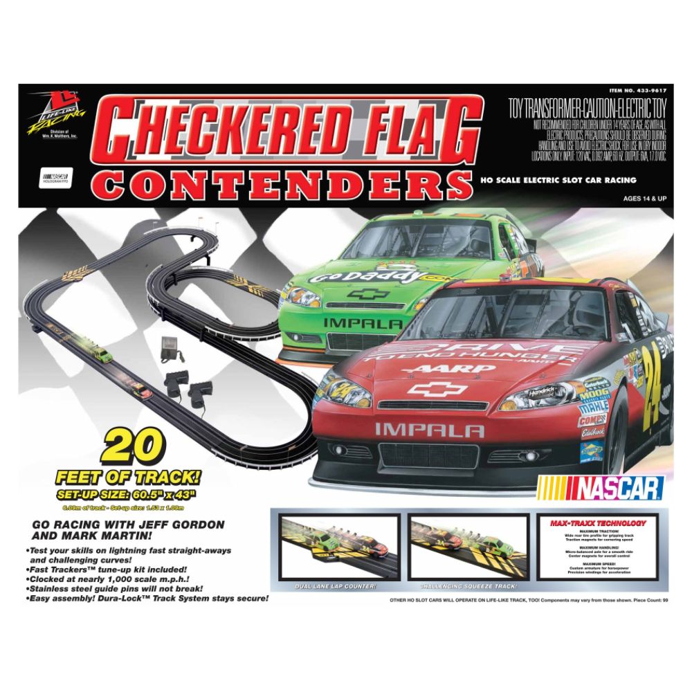 Lifelike Trains HO Scale Electric Slot Car Racing - Checkered Flag Contenders GoDaddy.com #5 and AARP #24 at Kmart.com