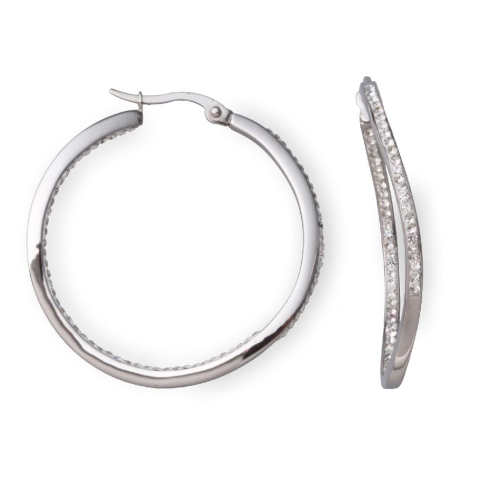 Stainless Steel Clear Crystal Twist Round Hoop Earrings