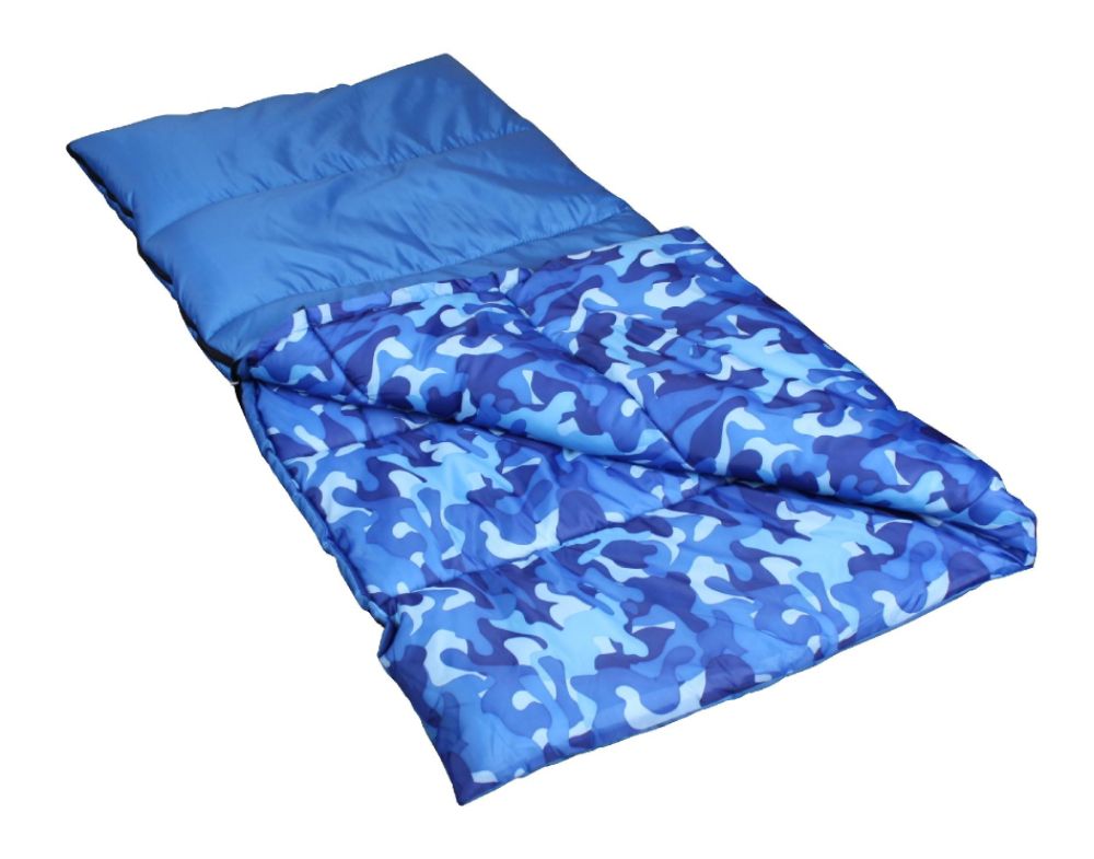 Spider  Sleeping  on Exxcel Outdoor Youth Sleeping Bag   Blue Camo