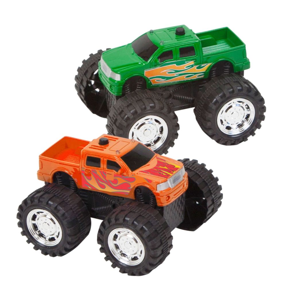 Just Kidz 2 PACK BATTERY OPERATED BIG WHEEL TRUCK - Green and Orange Children's Toys