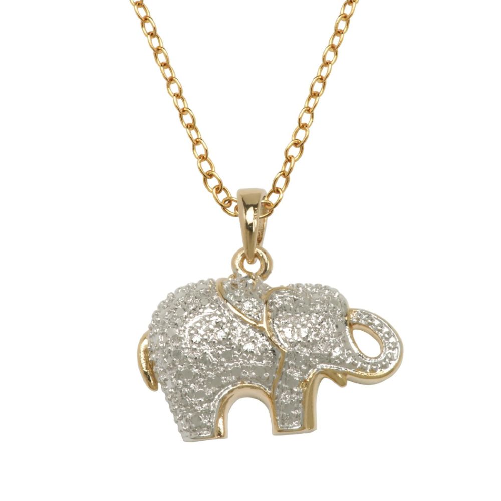 18K Gold Over Brass Diamond Accent Two Tone Elephant Pendant with 18" Chain