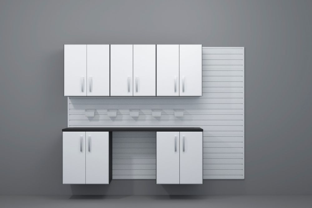 Flow Wall System FCS-9612-6W-5W Workstation with 3 Wall and 2 Base Cabinets