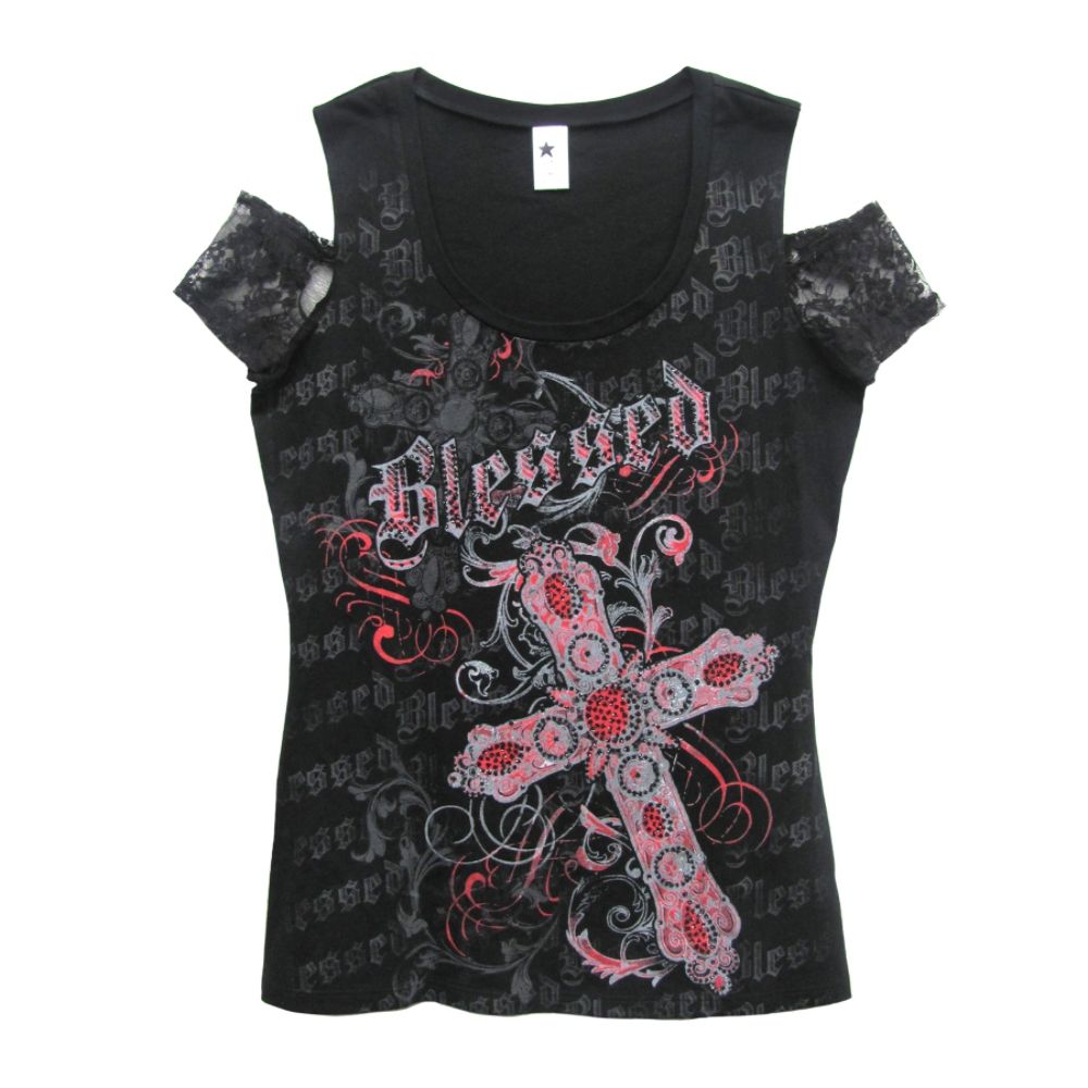 Junior’s Plus Graphic Tee “Blessed” Cut-Out Shoulders Black at Kmart.com
