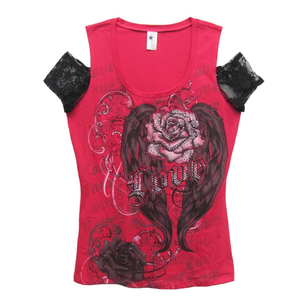 Junior’s Plus Graphic Tee Roses Lace Cut-Out Shoulders Magnolia Red at Kmart.com