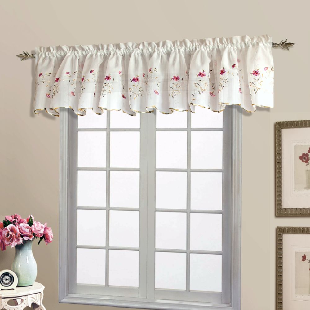 United Curtain Company Loretta 52" x 18"  embroidered scalloped valance. Available in White, White-Violet, White-Blue and Natural- Chocolate at Sears.com