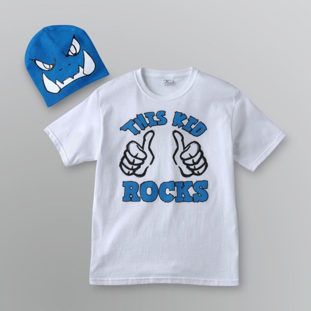 Hybrid Boy's Attitude T-Shirt and Beanie Set - Two Thumbs White