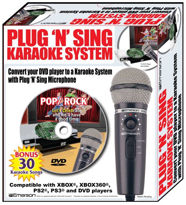 Emerson Plug N Sing Karaoke Microphone with Echo and 30 Pop Karaoke Songs