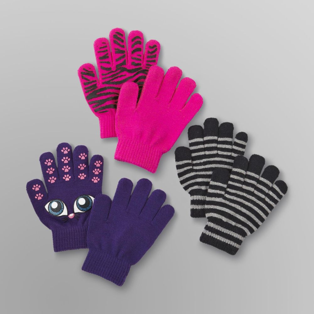 Canyon River Blues 3 Pack Girl's Stretch Gloves - Cat, Zebra & Stripes Multi-color