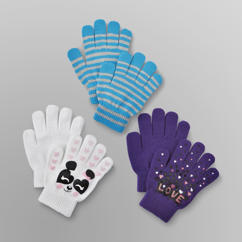 Canyon River Blues 3 Pack Girl's Stretch Gloves - Panda, Love & Stripes Multi-color