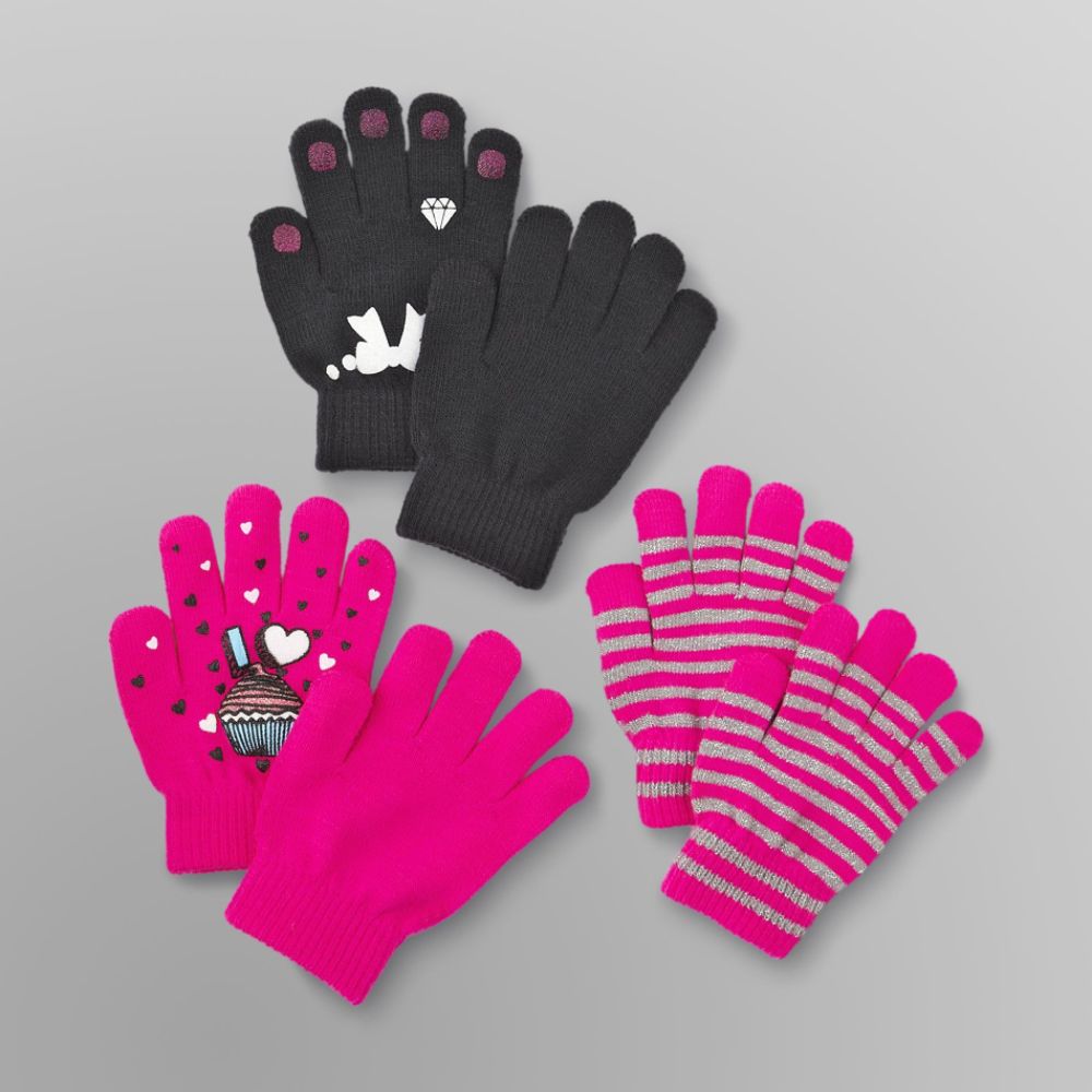 Canyon River Blues 3 Pack Girl's Stretch Gloves - Bow, Cupcake & Stripes Multi-color