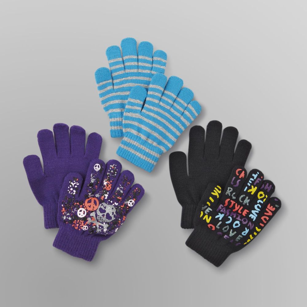 Canyon River Blues 3 Pack Girl's Stretch Gloves - Skull, Rock & Stripes Multi-color