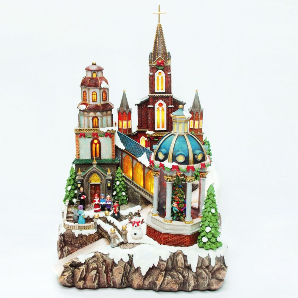 Animated LightUp Christmas Village Scene Church with Fiber Optic