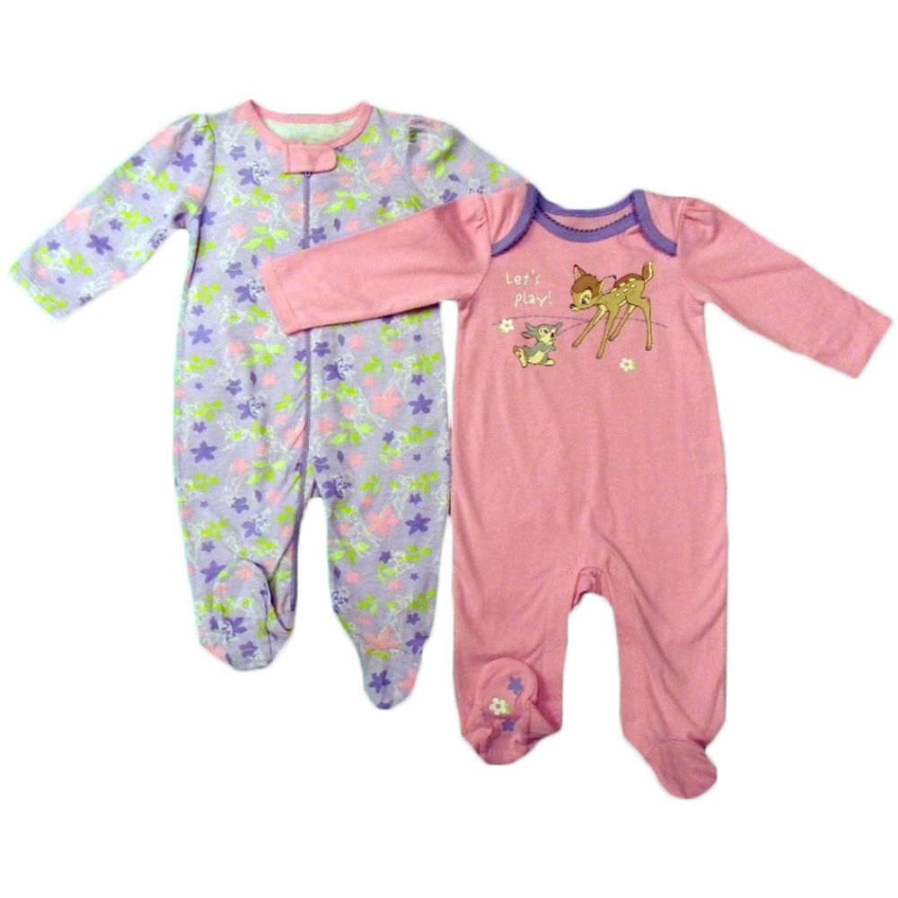 Disney Baby Newborn Girl s Sleepers 2pk Bambi Long Sleeve Footed Zipper/Snap Closure Purple/Green