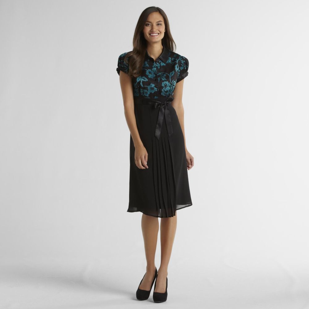 Amanda Lane Women's Shirt Dress - Floral Teal/Black