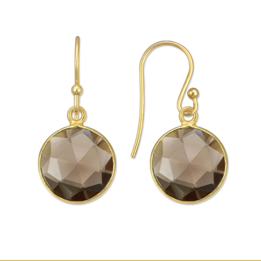 18kt Gold over Sterling Silver Round Smoky Quartz Dangle Earrings