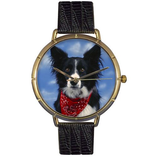 Whimsical Watches Border Collie Black Leather And Goldtone Photo Watch #N0130028