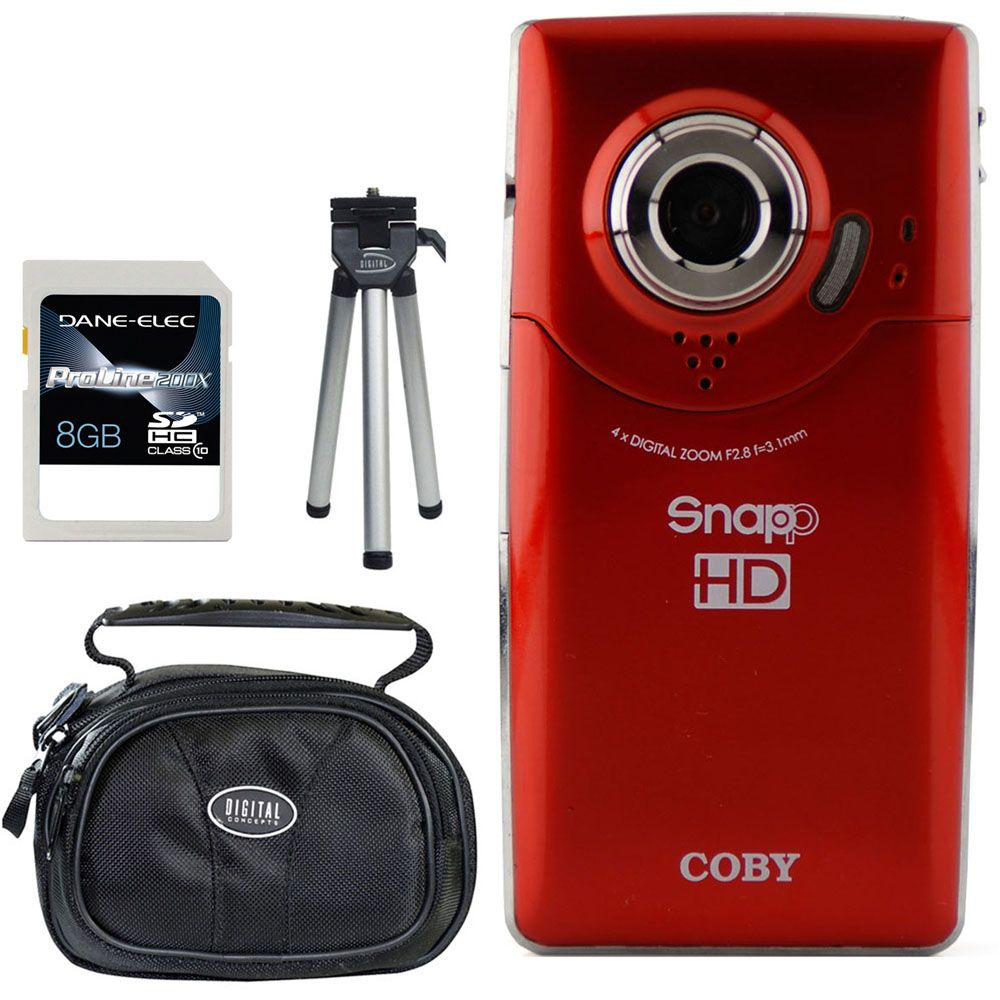 Coby SNAPP Mini High Definition Digital Camcorder - Red, 8GB SDHC Card, Case and Mini Tripod