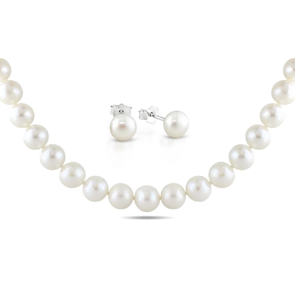 Sterling Silver Set of Freshwater White Pearl Necklace and Stud Earrings (10.5-11mm, 8-9mm)
