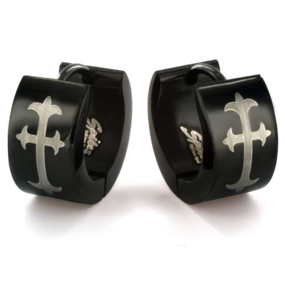 West Coast Jewelry Stainless Steel Black Hinged Wide Hoop with Gothic Medieval Cross Print Earrings