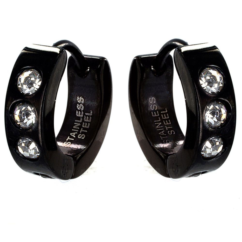 West Coast Jewelry Stainless Steel Black Hinged Hoop with Clear Cubic Zirconias Earrings