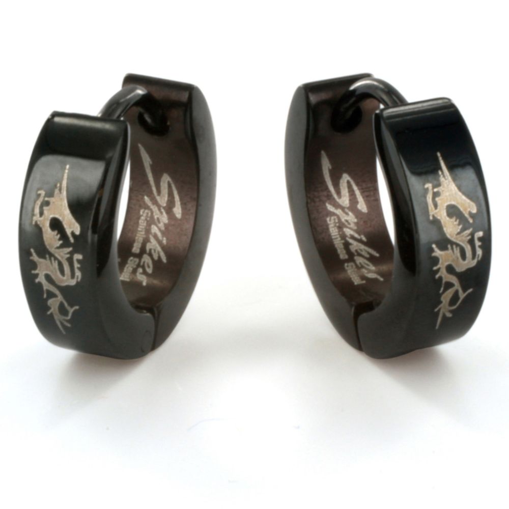 West Coast Jewelry Stainless Steel Black Hinged Hoop Earring with Dragon Print Earrings
