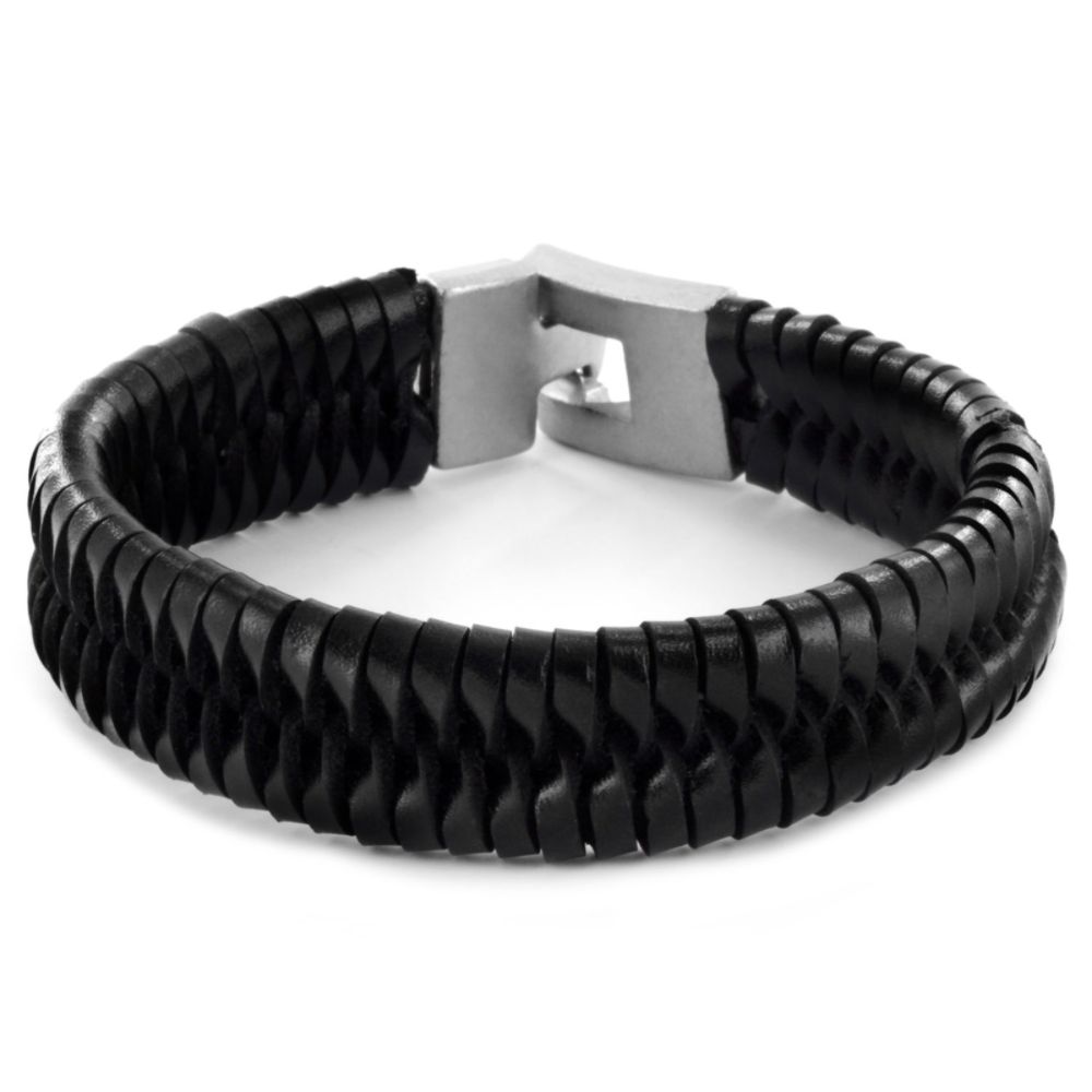 West Coast Jewelry Men's Black Leather Woven and Braided Strap Bracelet