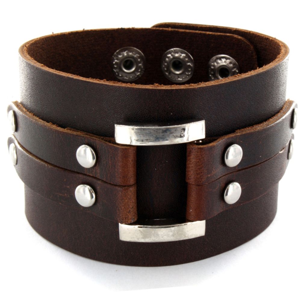West Coast Jewelry Men's Brown Wide Leather and Polished Buckle Bracelet