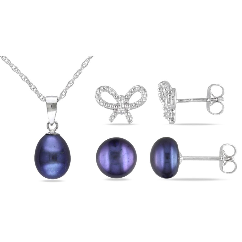 Set of Silver Butterfly Earrings, Black Button Pearl Stud Earrings & Freshwater Black Rice Pearl 18