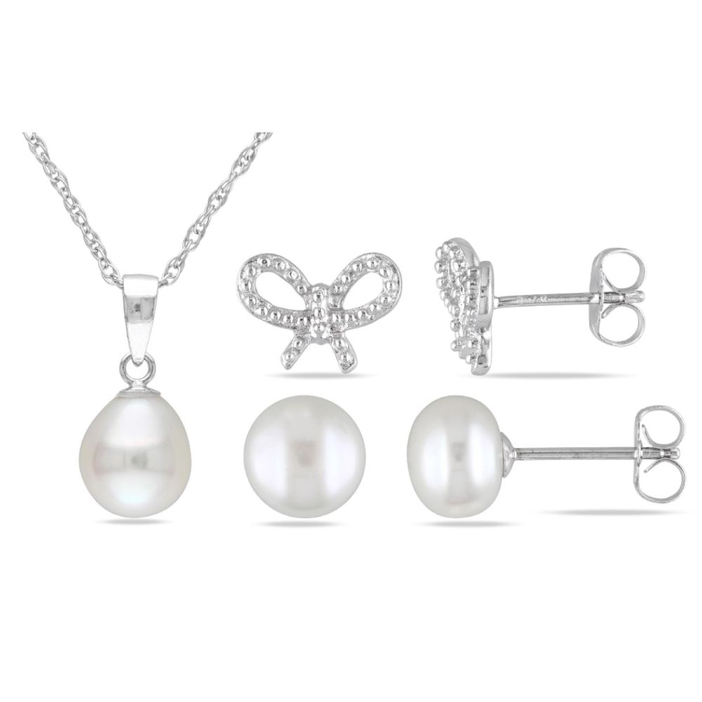 Set of Silver Butterfly Earrings, White Button Pearl Stud Earrings & Freshwater White Rice Pearl 18