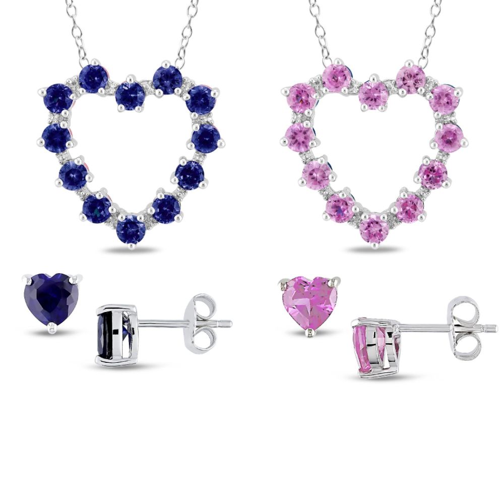 7 3/8 Carat T.G.W. Diamond, Created Blue and Pink Sapphire Sterling Silver Double-Sided Pendant and Earrings, 3pc Set