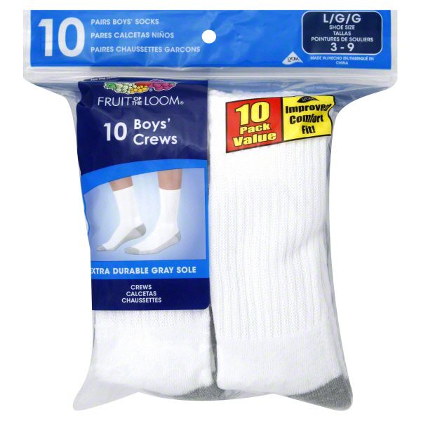 Fruit of the Loom Socks, Boy's, Crew, Large, 10 pairs at Kmart.com