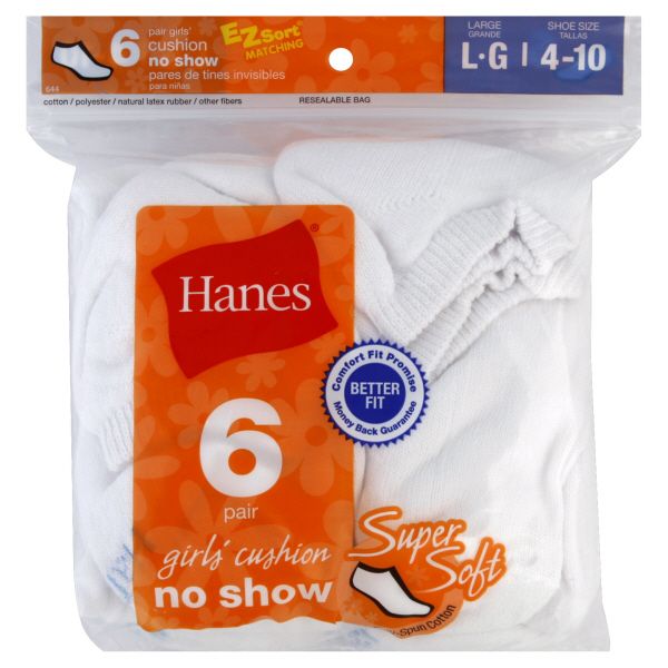 Hanes Socks, Cushion No Show, Girls', Large, White, 6 pair at Kmart.com