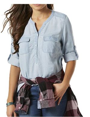 Simply Styled Women's Y-Neck Chambray Shirt