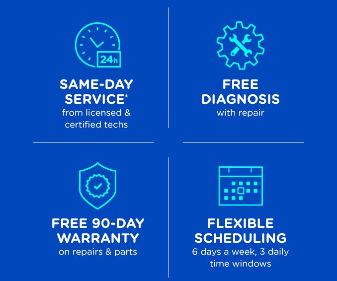 SAME-DAY SERVICE from licensed & certified techs | FREE DIAGNOSIS with repair | FREE 90-DAY WARRANTY on repairs & parts | FLEXIBLE SCHEDULING 6 days a week, 3 daily time windows